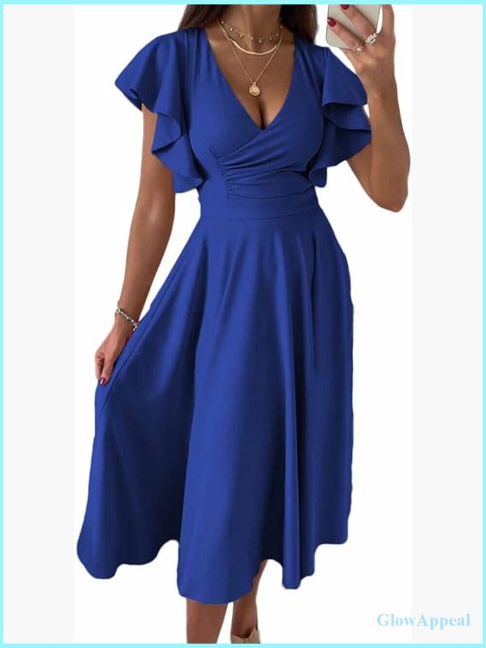 V-Neck Midi Skater Dress Short Sleeve A-Line Wedding Guest Party